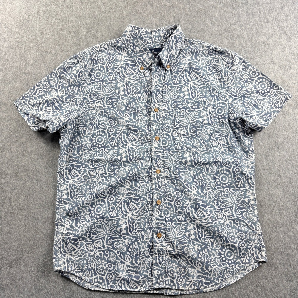 American Eagle Mens Button Down Shirt Large Blue White Batik Floral Woodblock